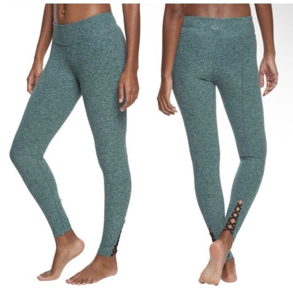 Beyond Yoga Heathered Teal Green Leggings with Lattice Ankle